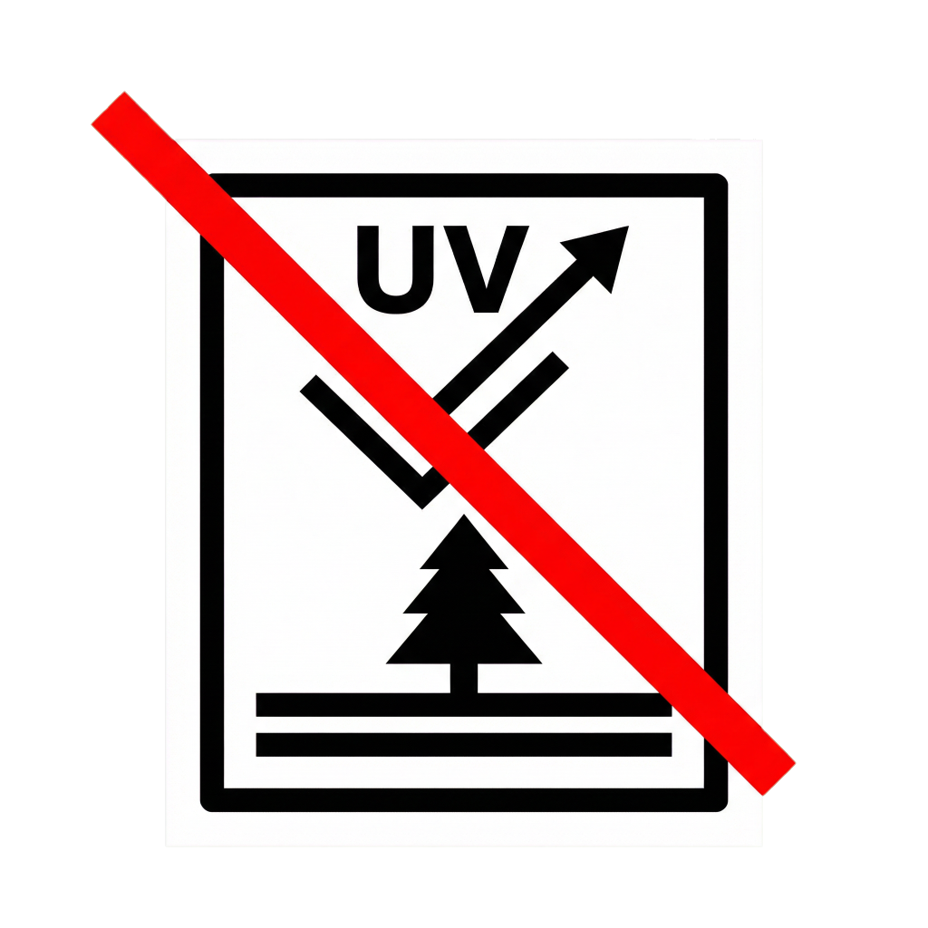 Visual warning icon with a red cross-out showing that standard PVC Christmas tree film formulation is NOT UV-resistant and not suitable for outdoor use.