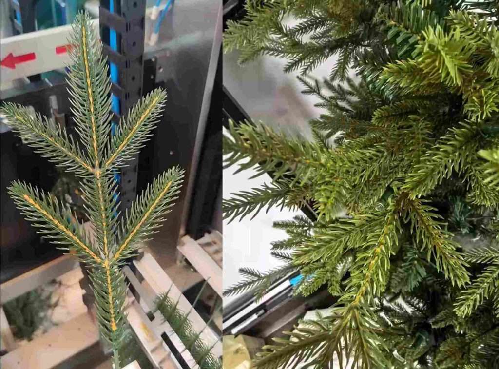 Yellow core paint applied to PE Christmas tree leaf samples
