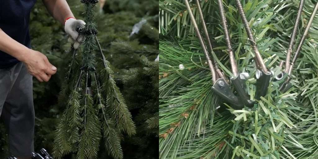 Worker assembling an artificial Christmas tree, with a detailed close-up showing how hollow rivets connect metal branches to the pole hinges.