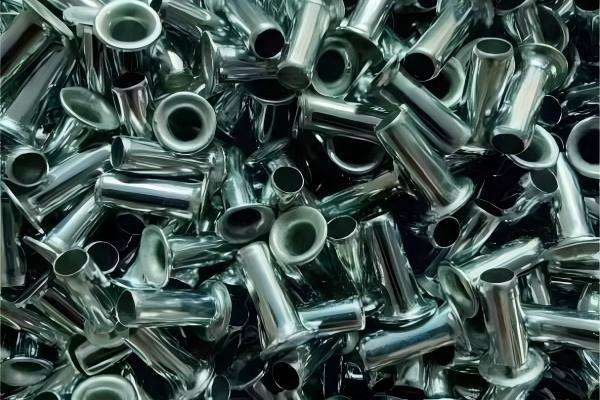 Silver metallic hollow rivets used for securing artificial Christmas tree branches during factory production.